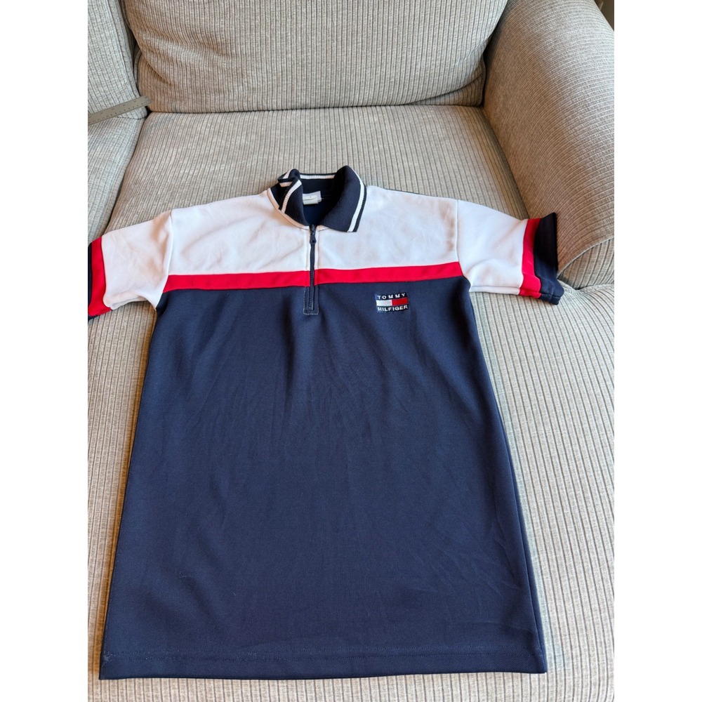 Vintage Tommy Hilfiger Quarter Zip Polo Shirt Navy White Red Colorblock Mens S